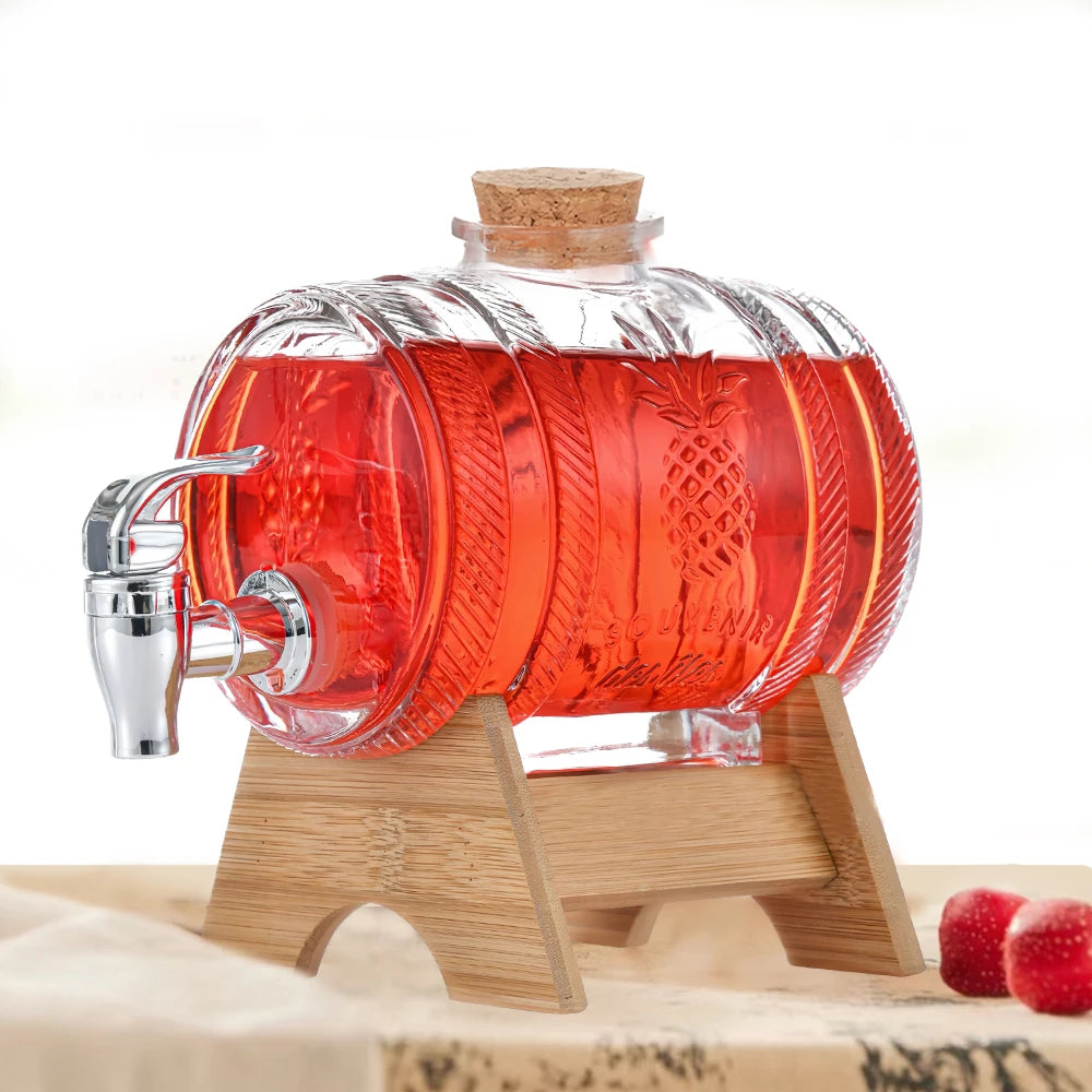 Barrel Shape Glass Juice, Water, Cocktails & Any Other Beverage Dispenser with Bamboo Stand (Available in 3 Liters 5 Liters & 8 Liters)