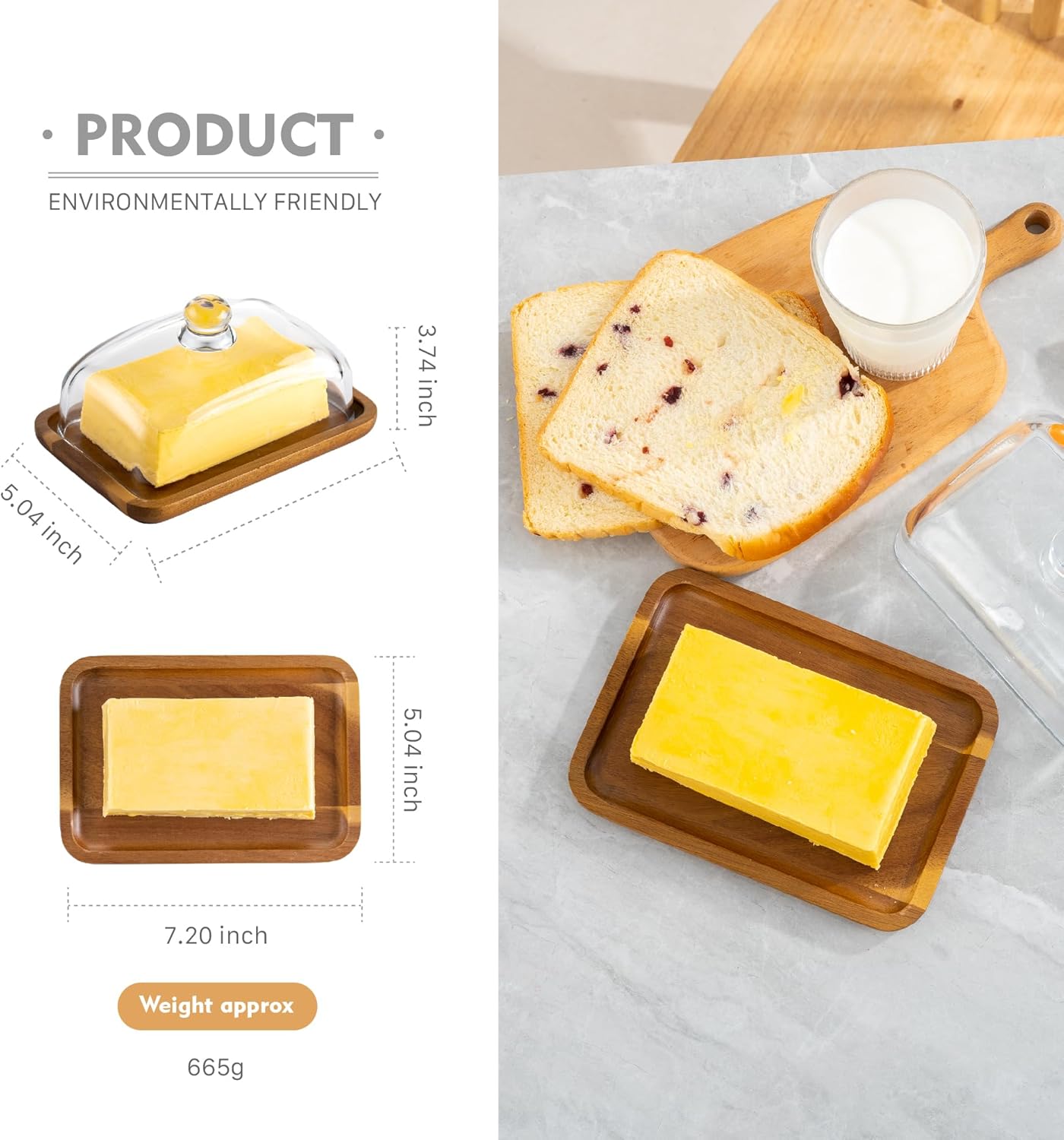 Premium Glass Material Butter Dish With Bamboo Tray