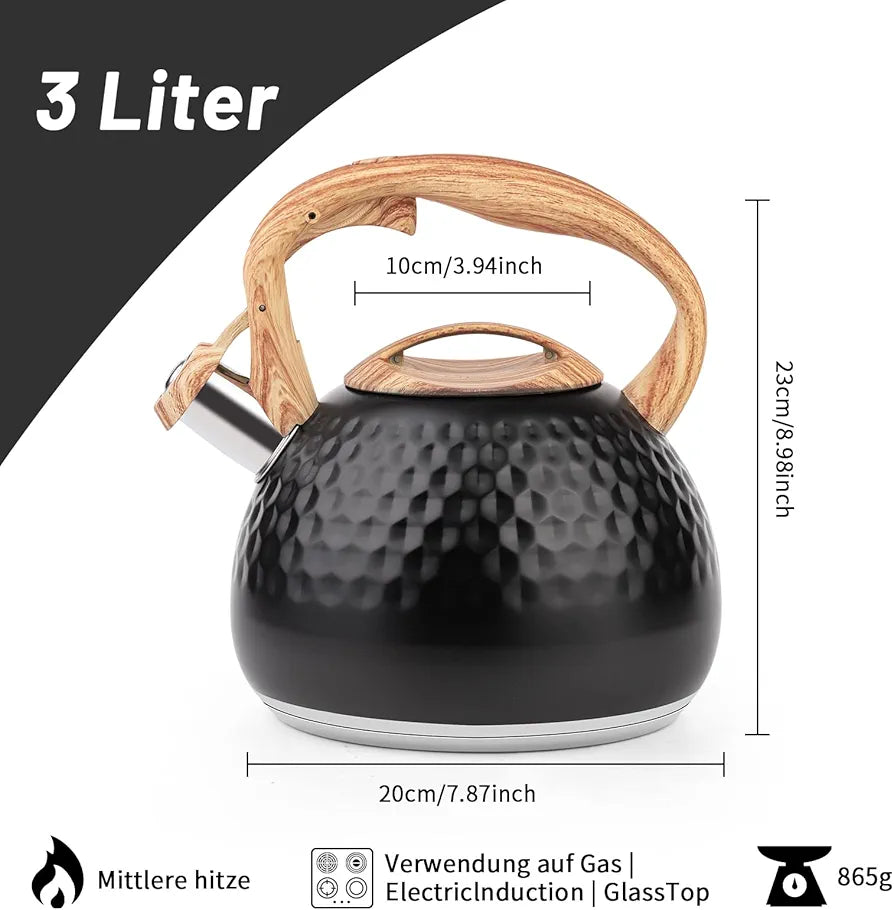 Whistle Kettle With Wooden Handle Triple Bottom By Haus Roland, Stainless Steel Teapot for Stovetop 3liter
