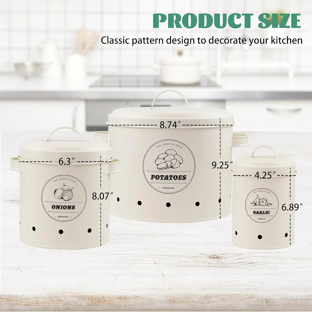 Premium Metal Set Of (3) Potato, Onion, & Garlic Storage Canisters (White)