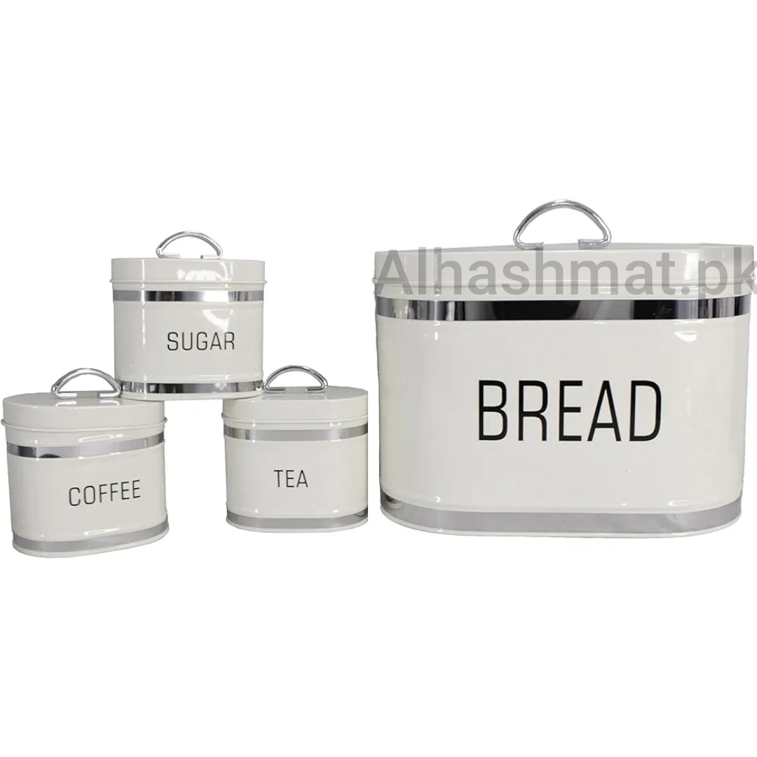 Coffee, Tea, Sugar Jars With Luxury White Breadbox