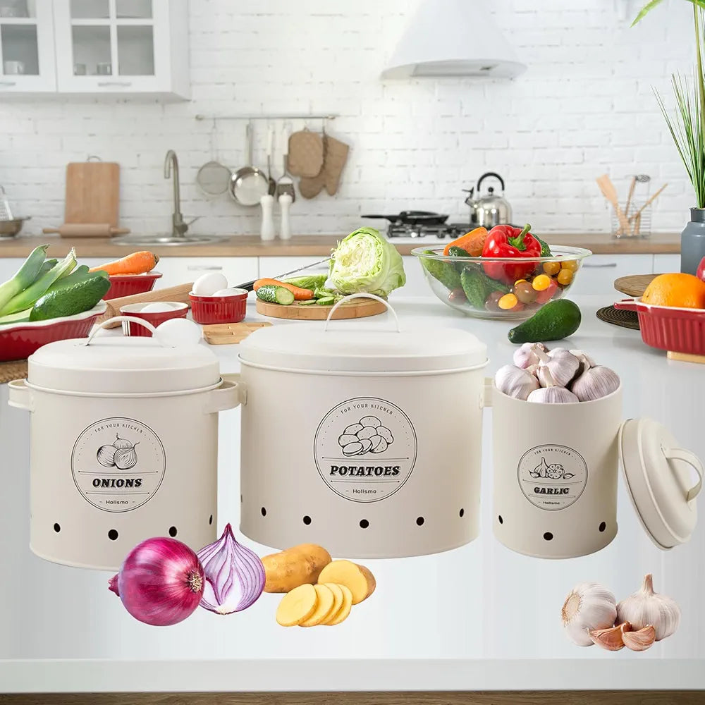 Premium Metal Set Of (3) Potato, Onion, & Garlic Storage Canisters (White)