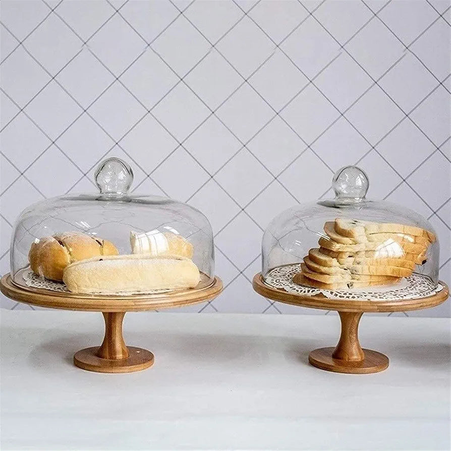 Wooden cake stands with a Glass dome