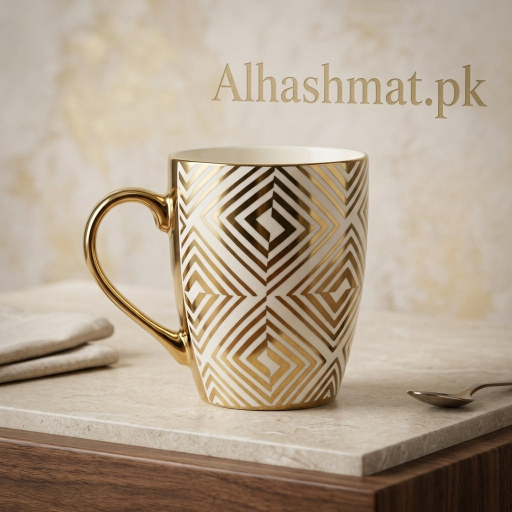 Geomatric Design Luxurious Porcelain Gold Handle Mug