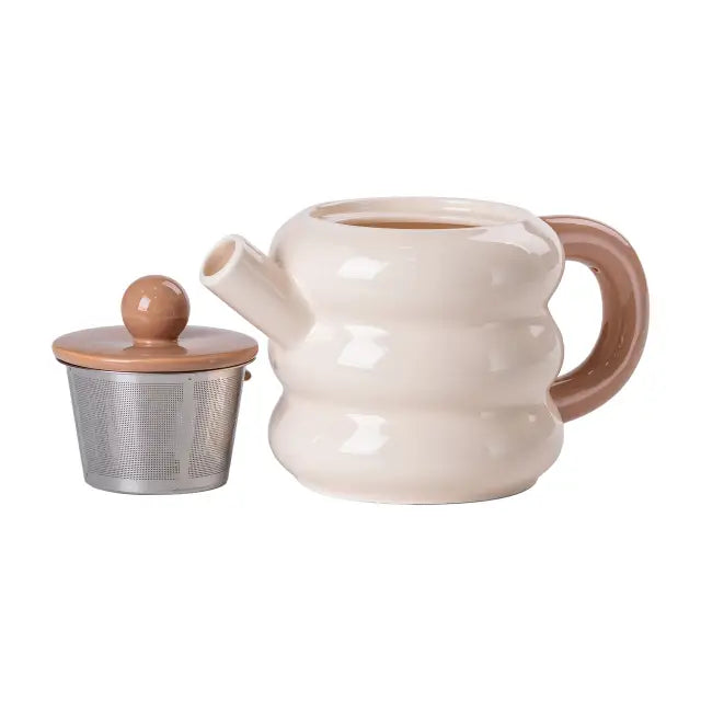 13 PCS Donut Ceramic Tea Set With Bamboo Stand For 6 Persons White & Beige