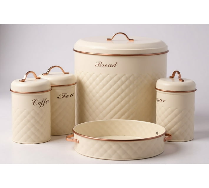 Biscuits, Tea, Coffee, Sugar Jars With Serving Tray & Elegant Bread Box 6 PCS Set – White (Premium Kitchen Storage)