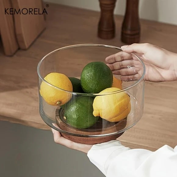 Modern Glass Fruit Bowl With Premium Wooden Base