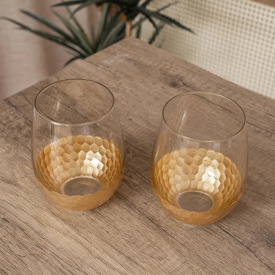 Luxurious High Quality Stemless Wine Glass With Honeycomb Motif