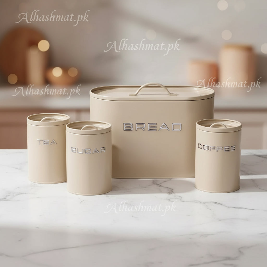 4PCS Sugar, Tea, Coffee Jar Set With Elegant Metal Breadbox - Beige