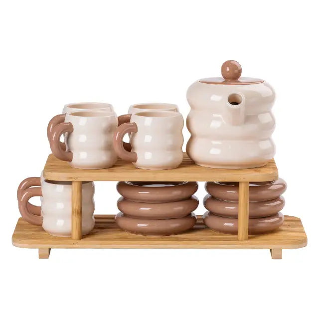 13 PCS Donut Ceramic Tea Set With Bamboo Stand For 6 Persons White & Beige