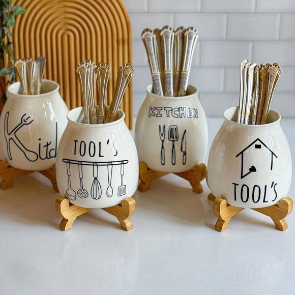 ELEGANT PORCELAIN SPOON REST – WITH NATURAL BAMBOO STAND