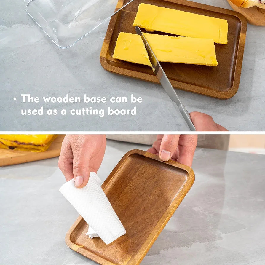 Premium Glass Material Butter Dish With Bamboo Tray