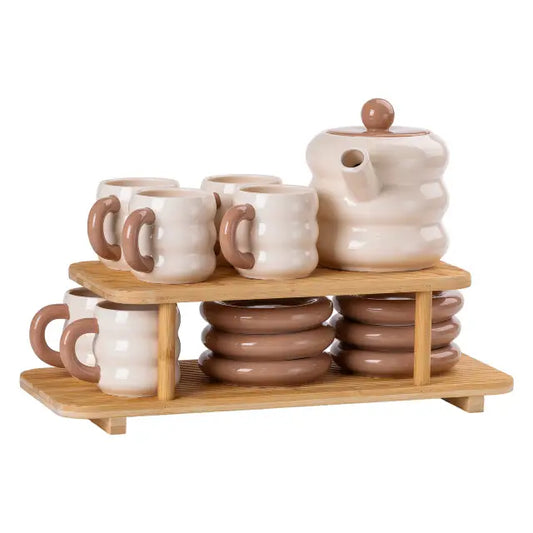 13 PCS Donut Ceramic Tea Set With Bamboo Stand For 6 Persons White & Beige