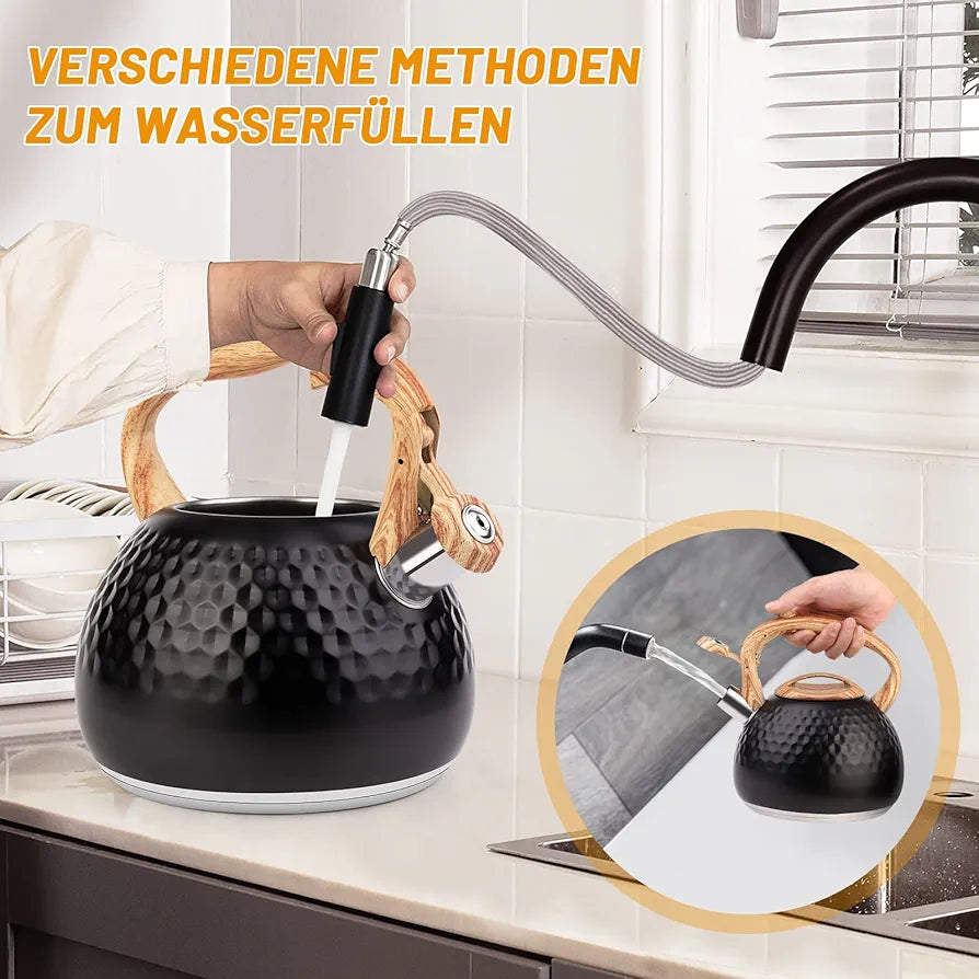 Whistle Kettle With Wooden Handle Triple Bottom By Haus Roland, Stainless Steel Teapot for Stovetop 3liter