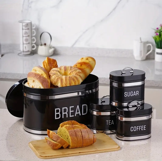 Coffee, Tea, Sugar Jars With Luxury Black Breadbox