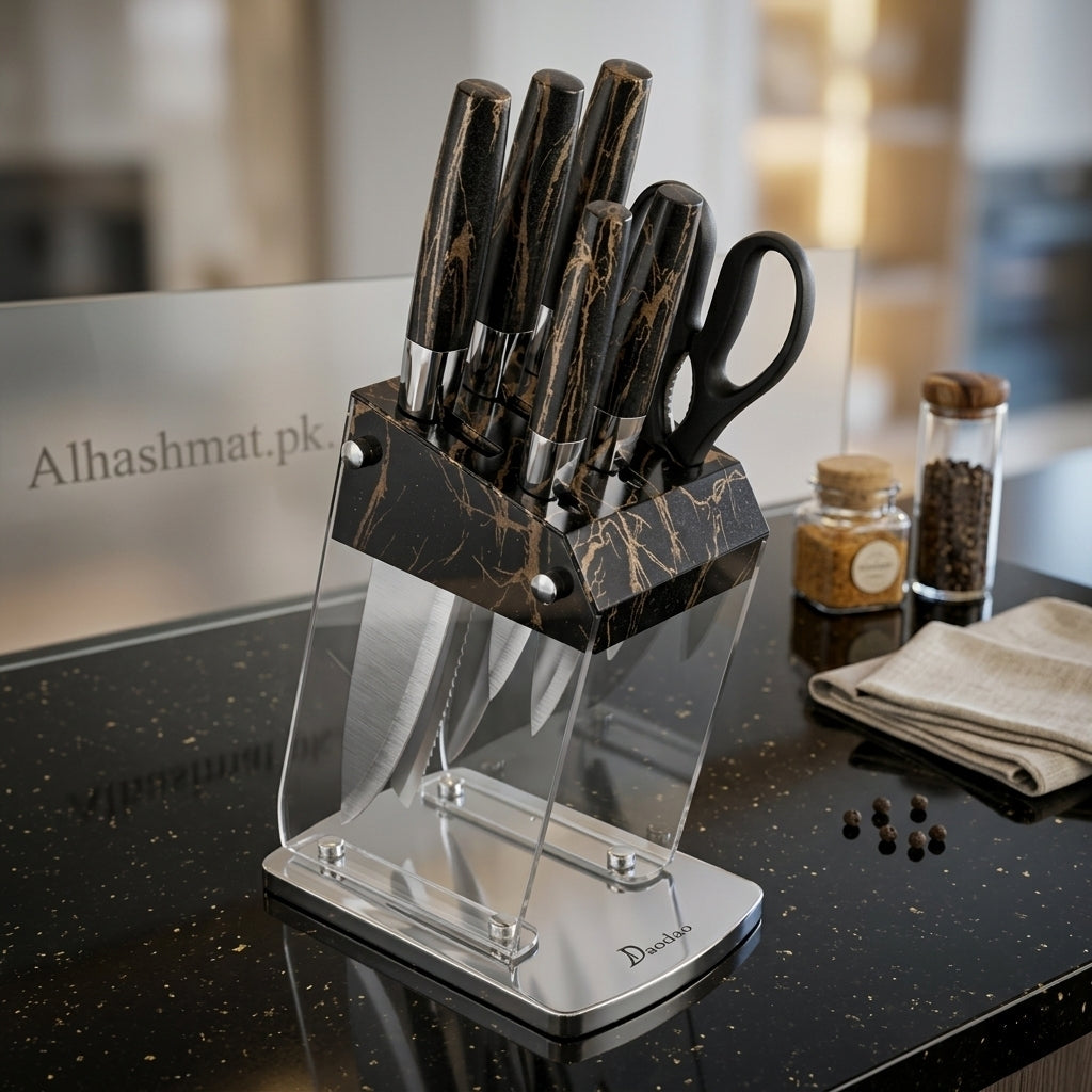 Marble Design Kitchen Knife Set - Black