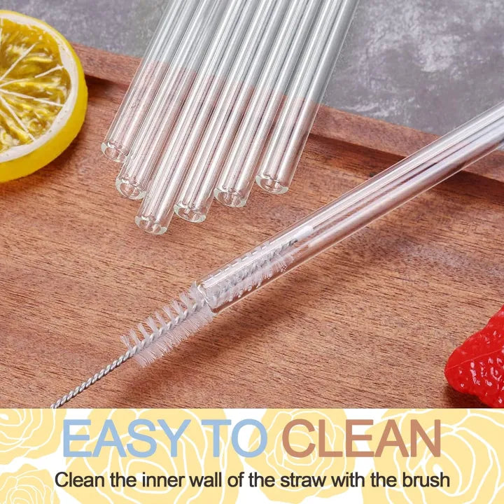 Set of 6 - Transparent Reusable Glass Straws With Cleaning Brush, Glass Drinking Straws - Clear Glass Straws