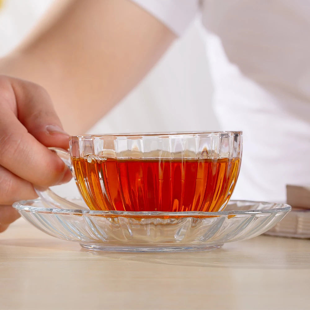 Textured Transparent Tea Cup Set of 12 Pieces With Saucer Plate