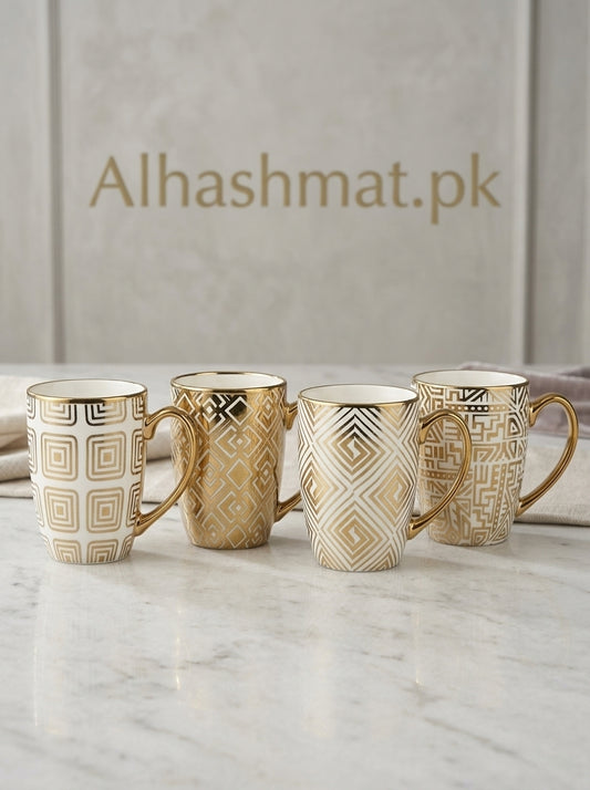 Set Of 4 Premium Geomatric Design Luxurious Porcelain Gold Handle Mugs