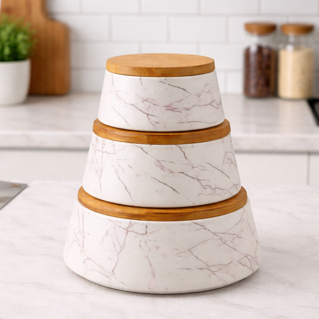 Luxury Ceramic 3PC Bowl Set with Natural Wooden Lids (Space-Saving)