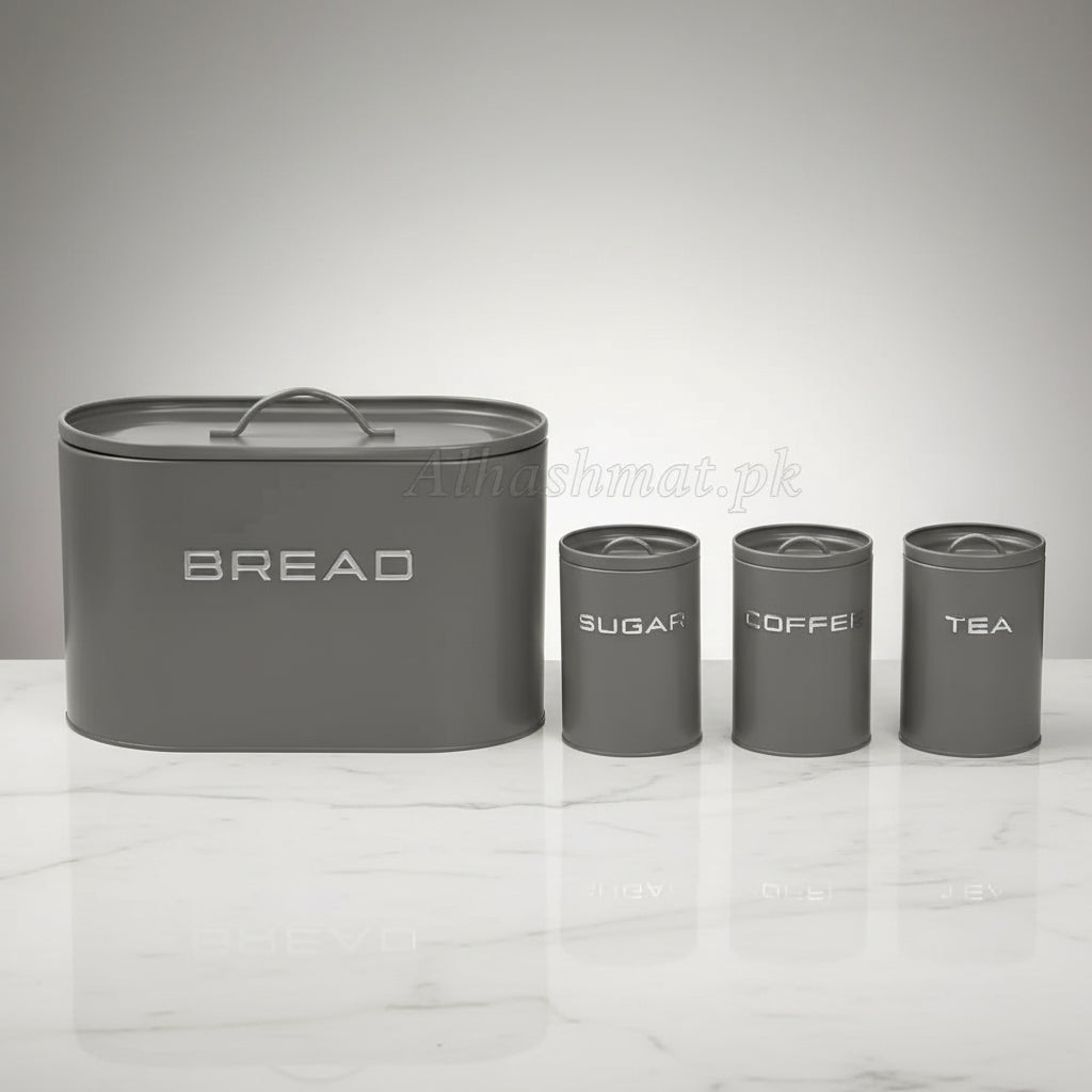 4PCS Set Of Tea, Sugar, Coffee Jars With Premium Quality Metal Breadbox Set - Kitchen Storage Grey