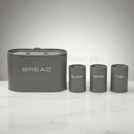 4PCS Set Of Tea, Sugar, Coffee Jars With Premium Quality Metal Breadbox Set - Kitchen Storage Grey