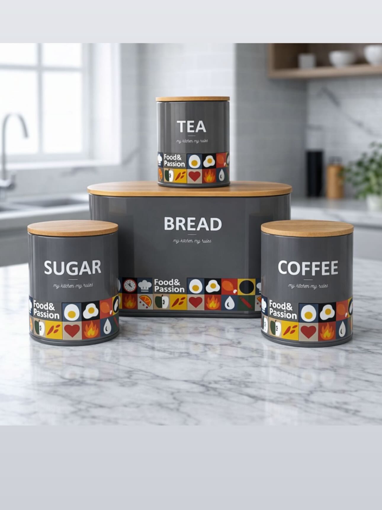 Tea, Coffee, Sugar, Jars & Elegant Breadbox 4 PCS Set - Black