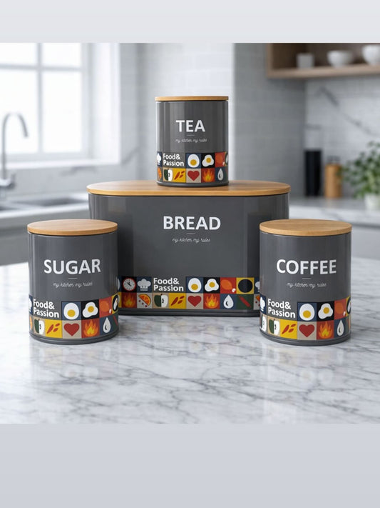 Tea, Coffee, Sugar, Jars & Elegant Breadbox 4 PCS Set - Black