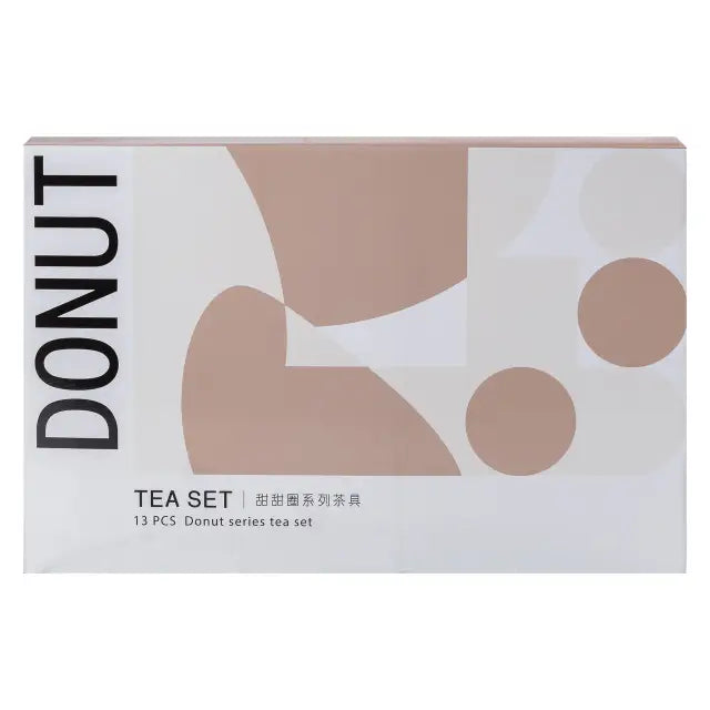 13 PCS Donut Ceramic Tea Set With Bamboo Stand For 6 Persons White & Beige