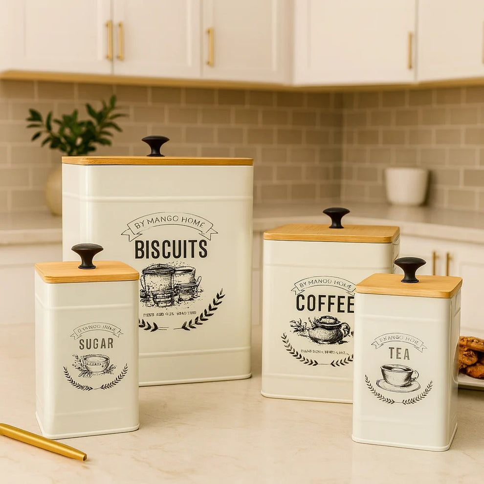 Set Of 4 Tea, Coffee, Sugar & Biscuits Metal Jars