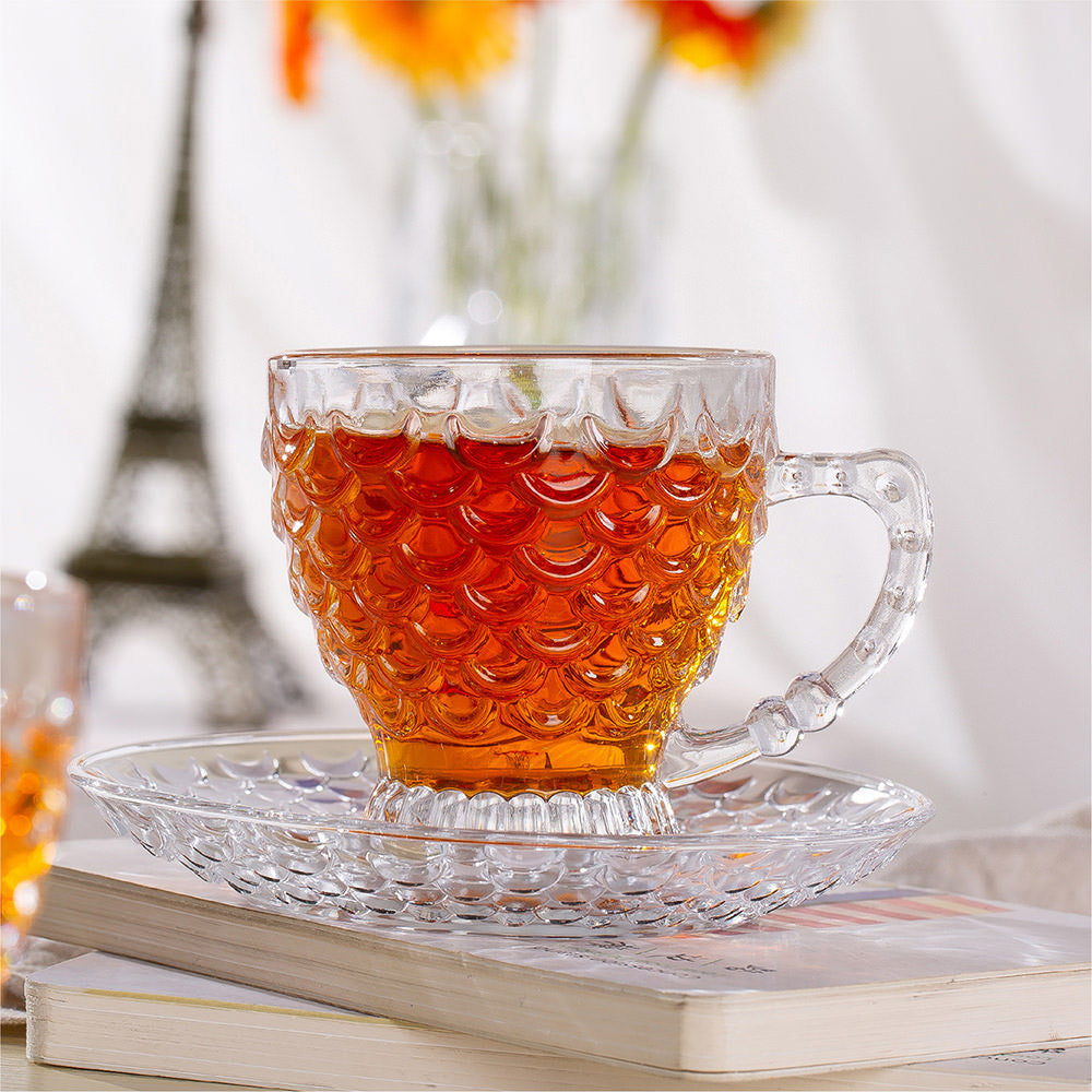 Textured Transparent Glass Tea Set Of 12 Pieces With Saucer Plate