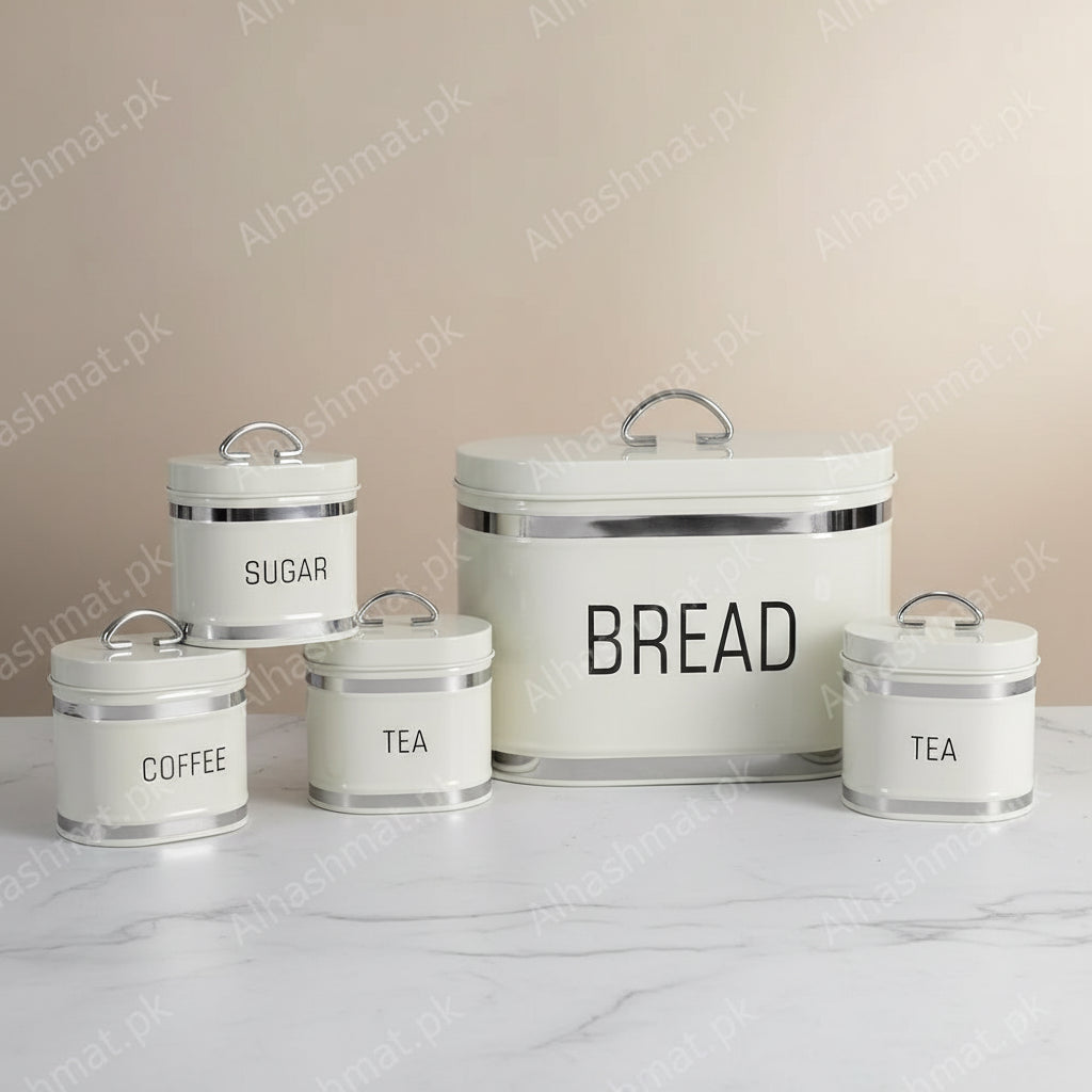 Coffee, Tea, Sugar Jars With Luxury White Breadbox