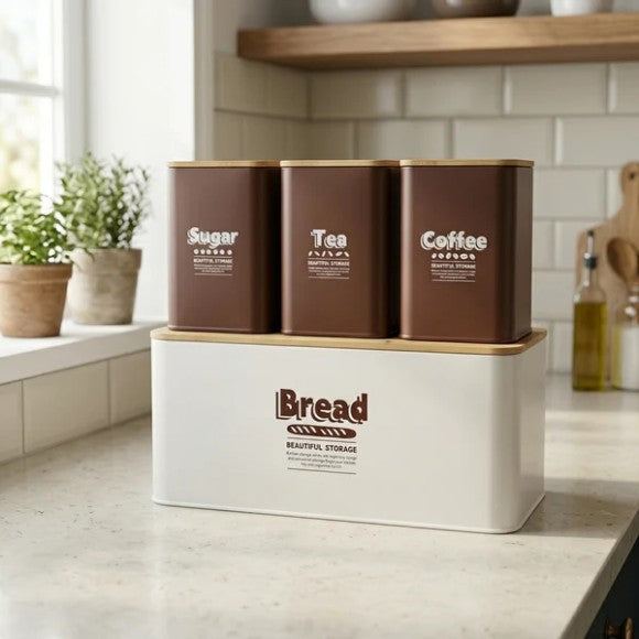 Vintage Style 4 PCS Coffee, Sugar, Tea Jars & Breadbox White & Brown
