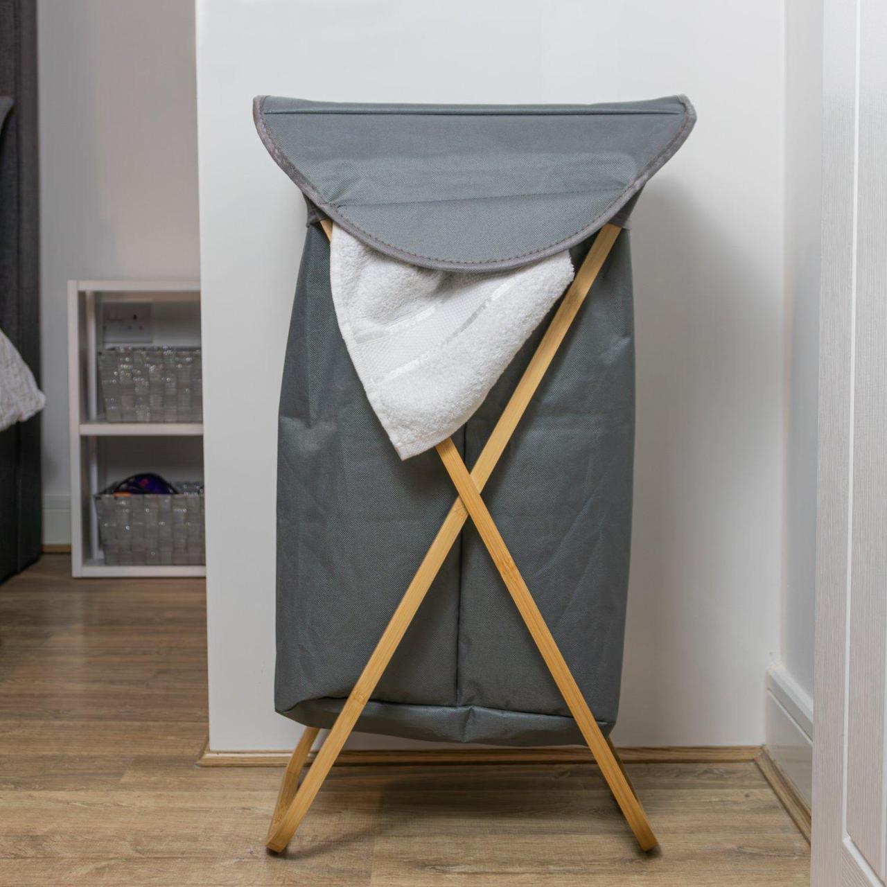Foldable Bamboo Laundry Hamper with Lid - Grey Fabric Bin