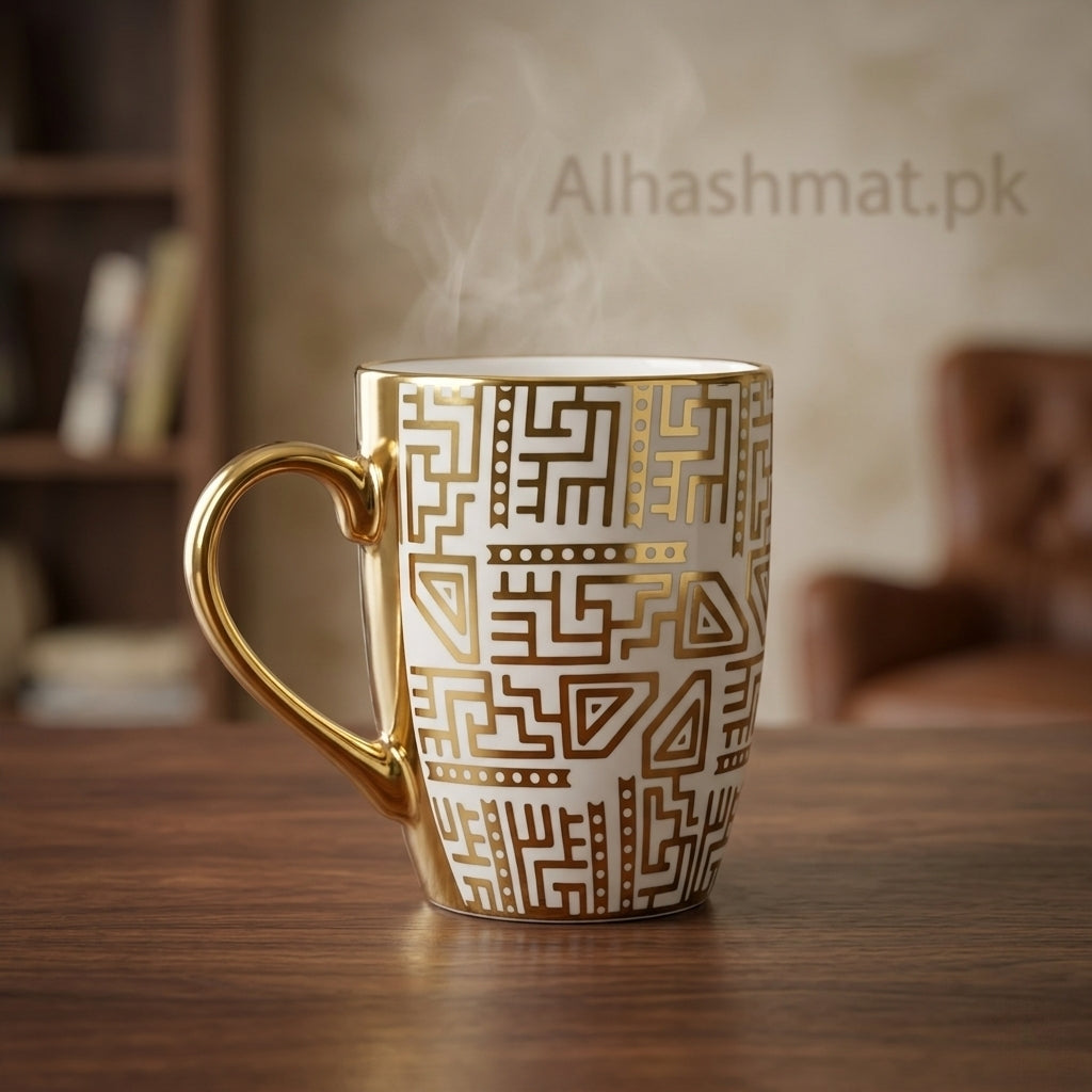 Geomatric Design Luxurious Porcelain Gold Handle Mug