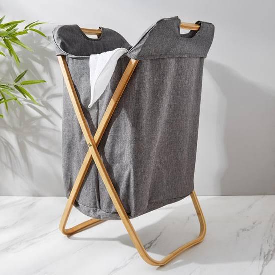 Foldable Bamboo Laundry Hamper with Lid - Grey Fabric Bin