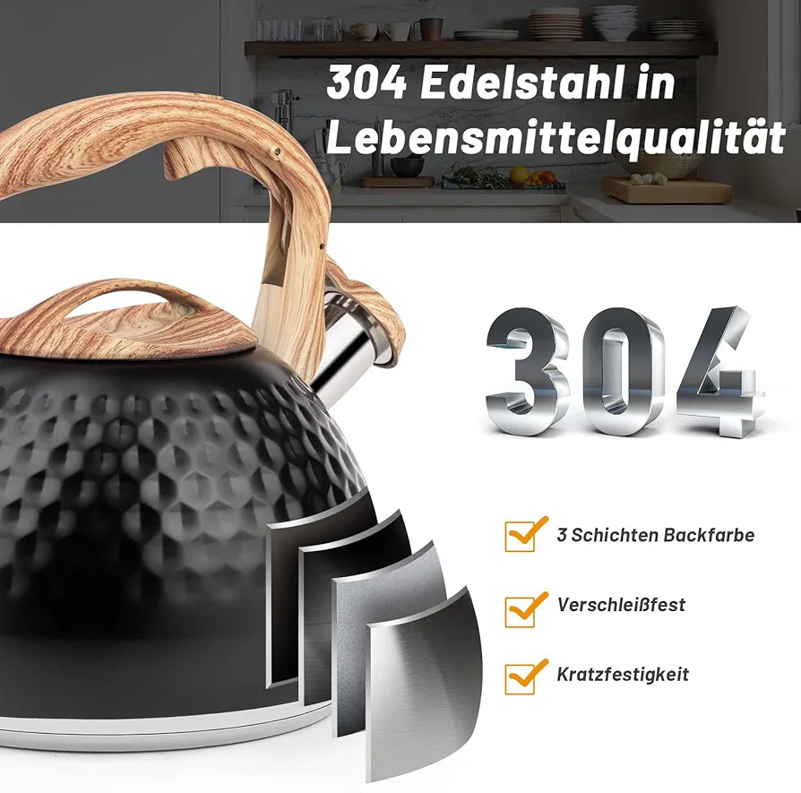 Whistle Kettle With Wooden Handle Triple Bottom By Haus Roland, Stainless Steel Teapot for Stovetop 3liter