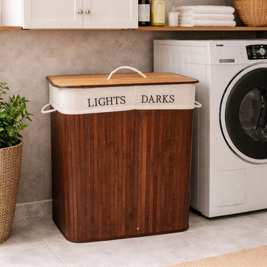 Light & Dark Clothes Separator Bin Bamboo Laundry Basket - Dark Brown