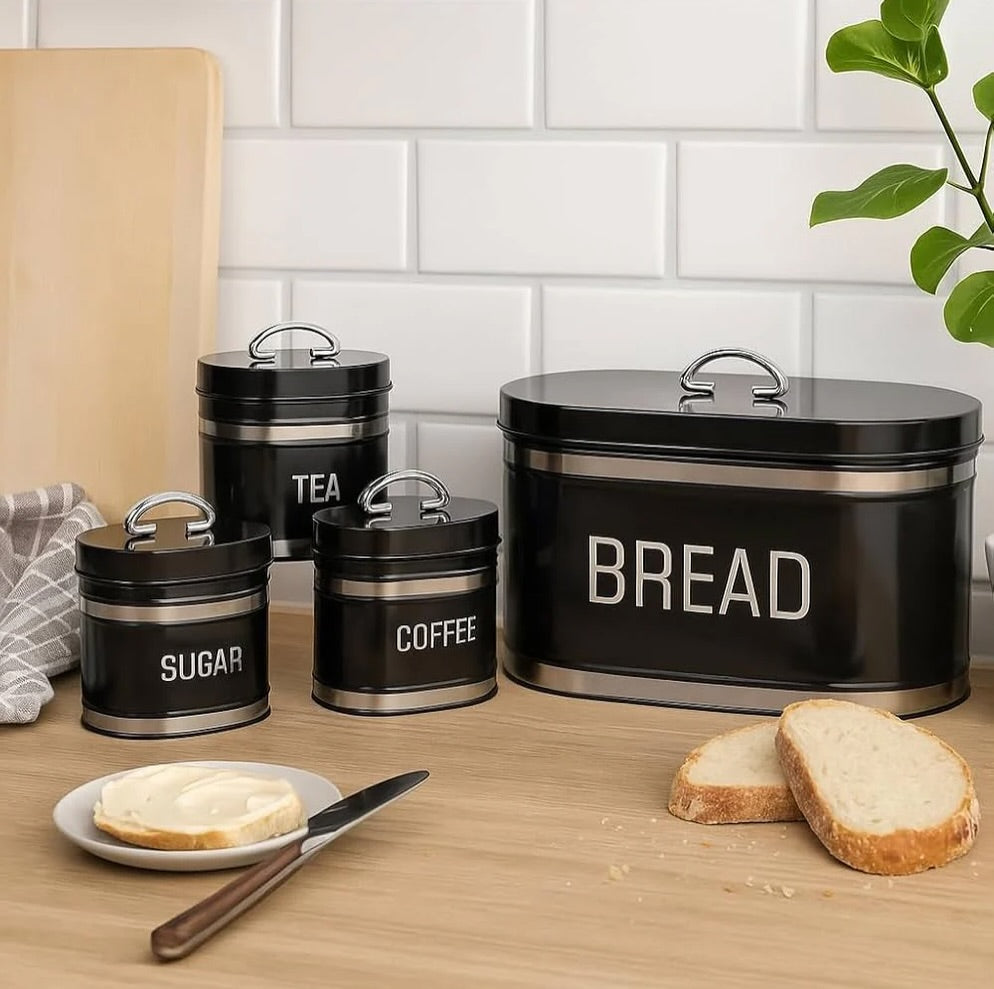 Coffee, Tea, Sugar Jars With Luxury Black Breadbox