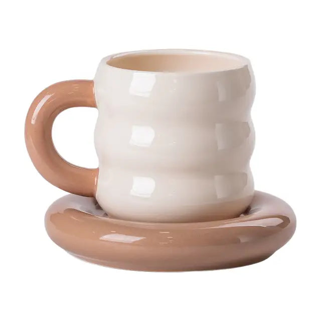 13 PCS Donut Ceramic Tea Set With Bamboo Stand For 6 Persons White & Beige