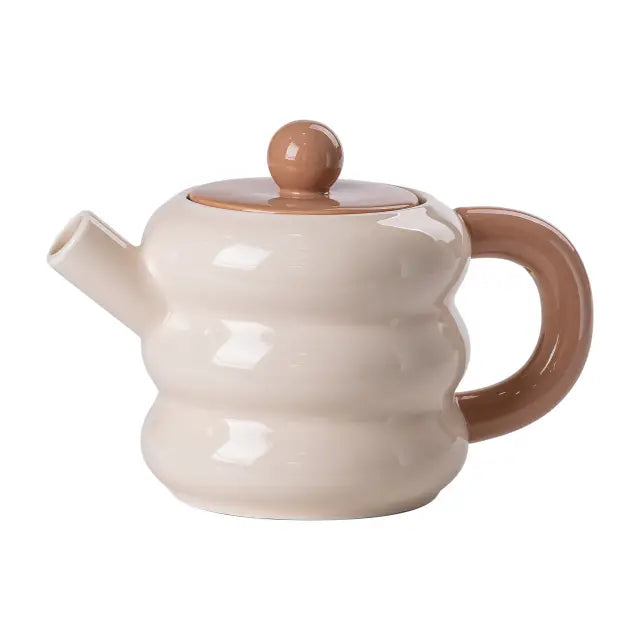 13 PCS Donut Ceramic Tea Set With Bamboo Stand For 6 Persons White & Beige