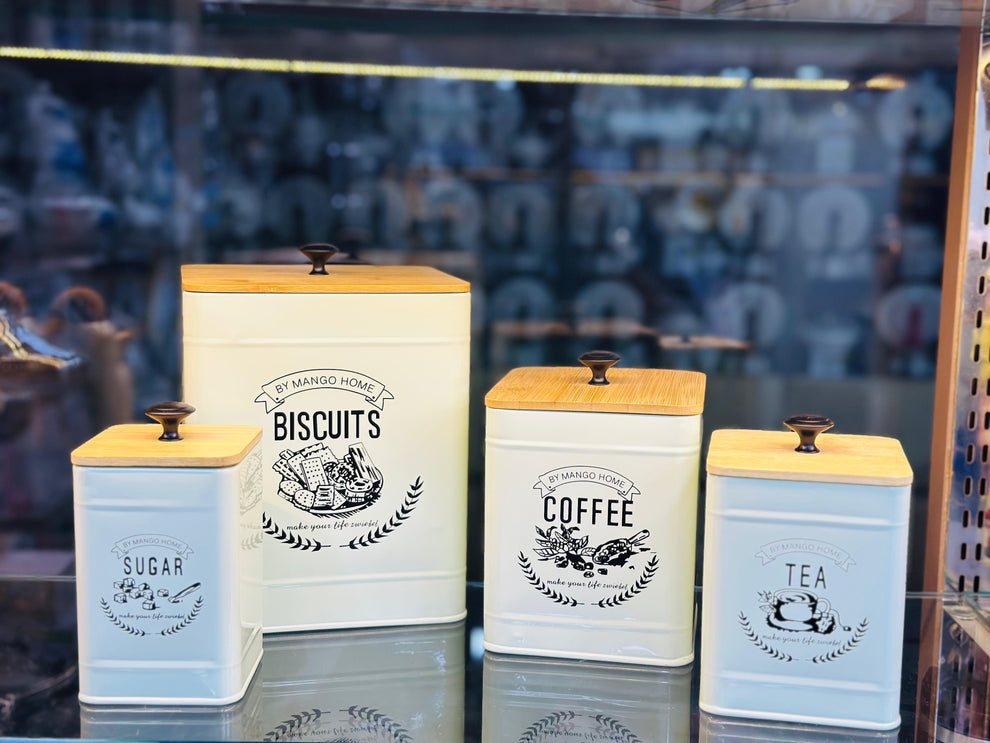 Set Of 4 Tea, Coffee, Sugar & Biscuits Metal Jars