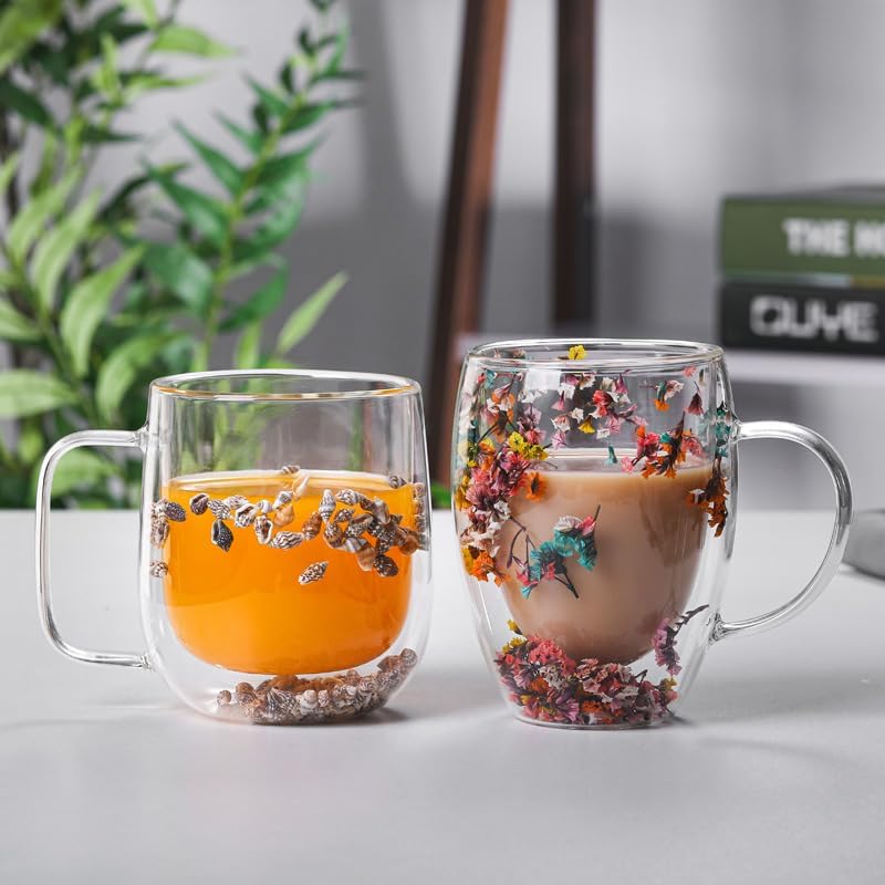 Double Walled, Insulated Coffee Mugs 350ML, Dried Flowers Multicolor Cups with Handle, Heat Resistant Cappuccino, Latte, Milk, Tea, Hot & Cold Beverages Mugs