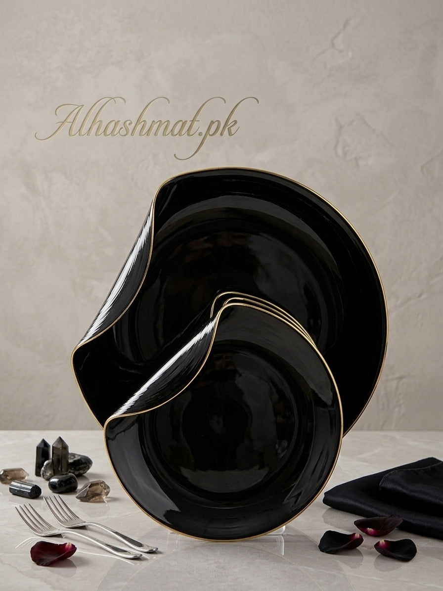 Handmade 7 PCS Aurora Glass Cake Plate Set With Gold Rim | Sculptural Glass Dessert Plate | Available in 5 Colours
