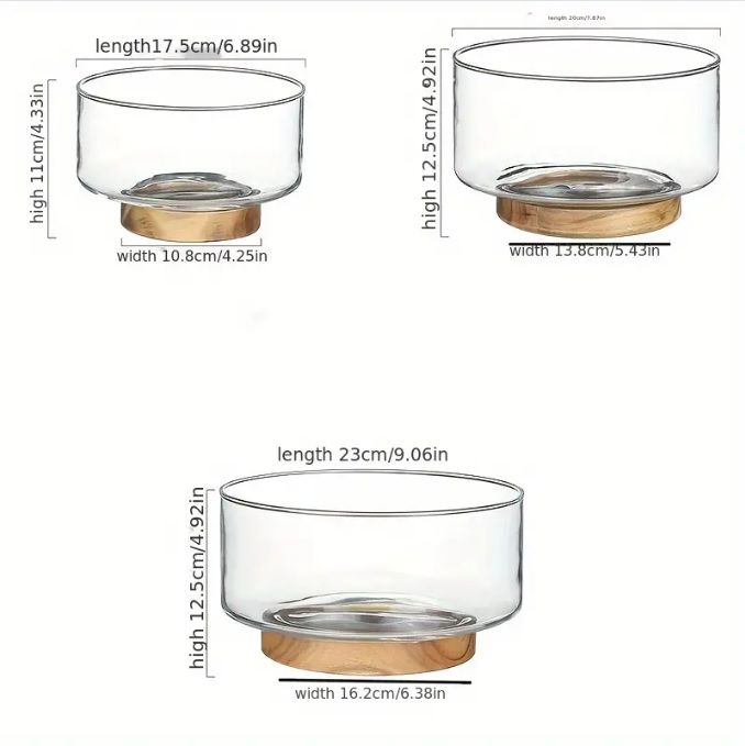 Glass fruit bowl with a wooden base