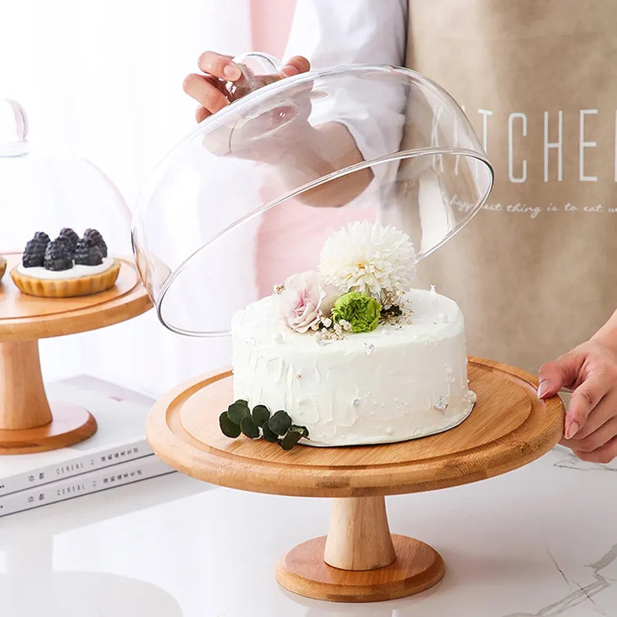 Wooden cake stands with a Glass dome