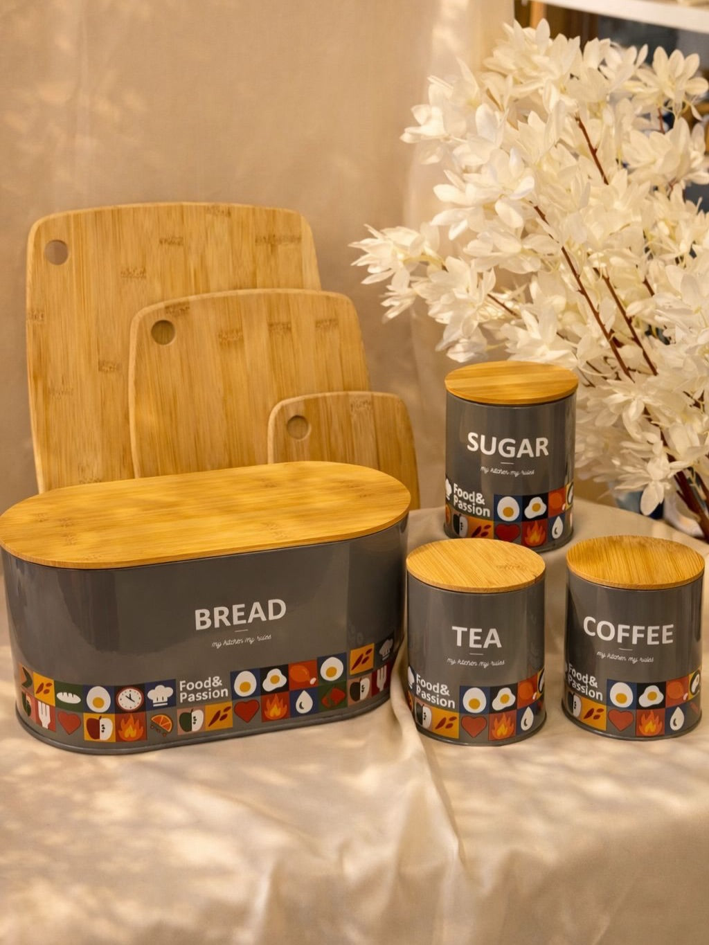 Tea, Coffee, Sugar, Jars & Elegant Breadbox 4 PCS Set - Black