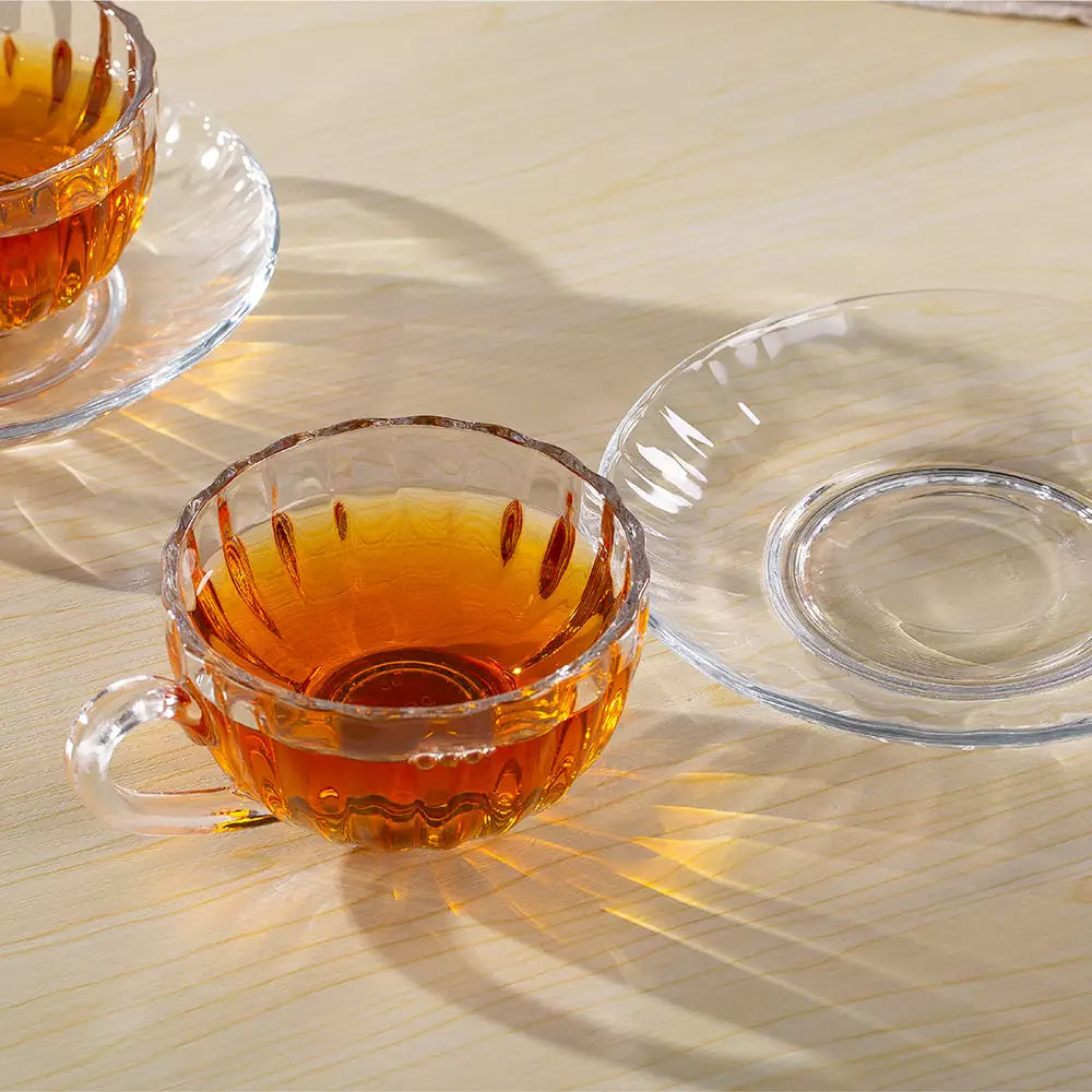 Textured Transparent Tea Cup Set of 12 Pieces With Saucer Plate