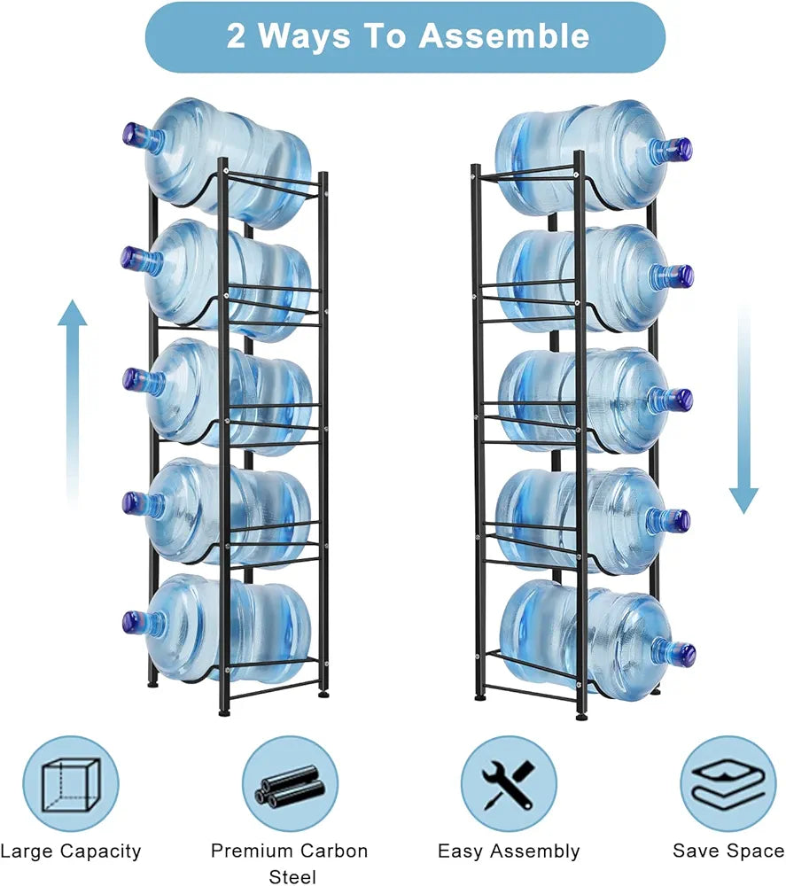 5-Tier Vertical Water Bottle Organizer - Sturdy Metal Design for 5-Gallon