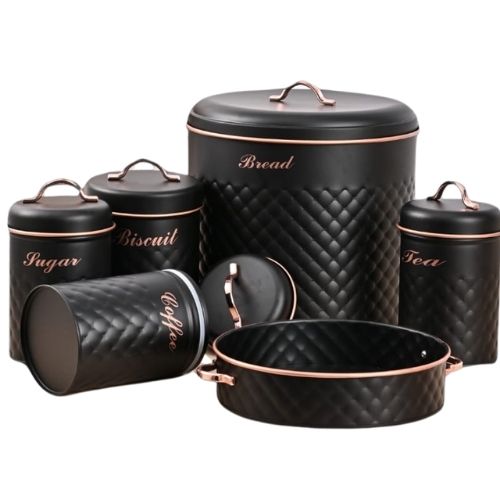 Biscuits, Tea, Coffee, Sugar Jars With Serving Tray & Elegant Bread Box 6 PCS Set – Black (Premium Kitchen Storage)